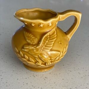 Vintage Mustard Glazed Ceramic Pitcher with Patriotic Eagle Design -1970?